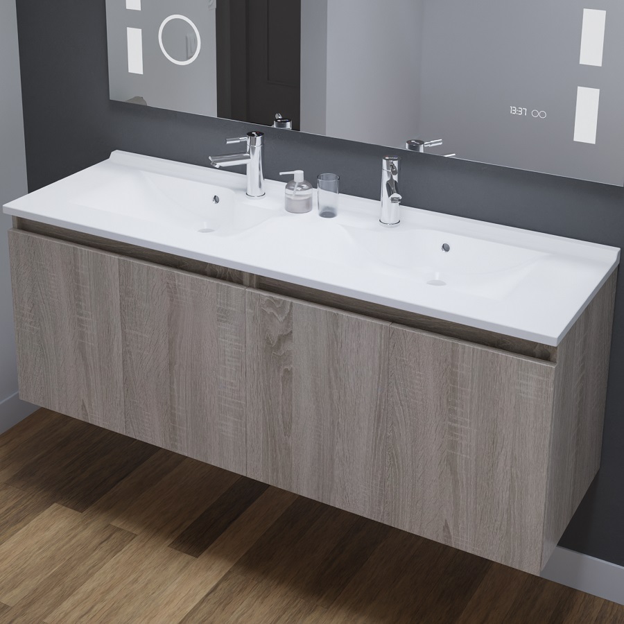 Meuble salle de bain 140 cm PROLINE Cambrian Oak - pose suspendue avec plan vasque 