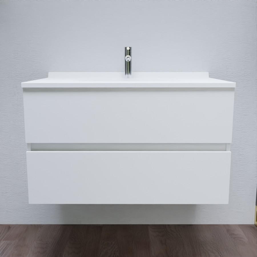 Caisson de meuble salle de bain 90 cm ROMY Blanc présenté en situation avec plan vasque 