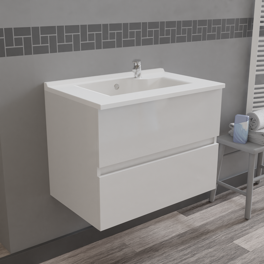 Meuble salle de bain 70 cm ROSALY Blanc avec plan simple vasque pose suspendue