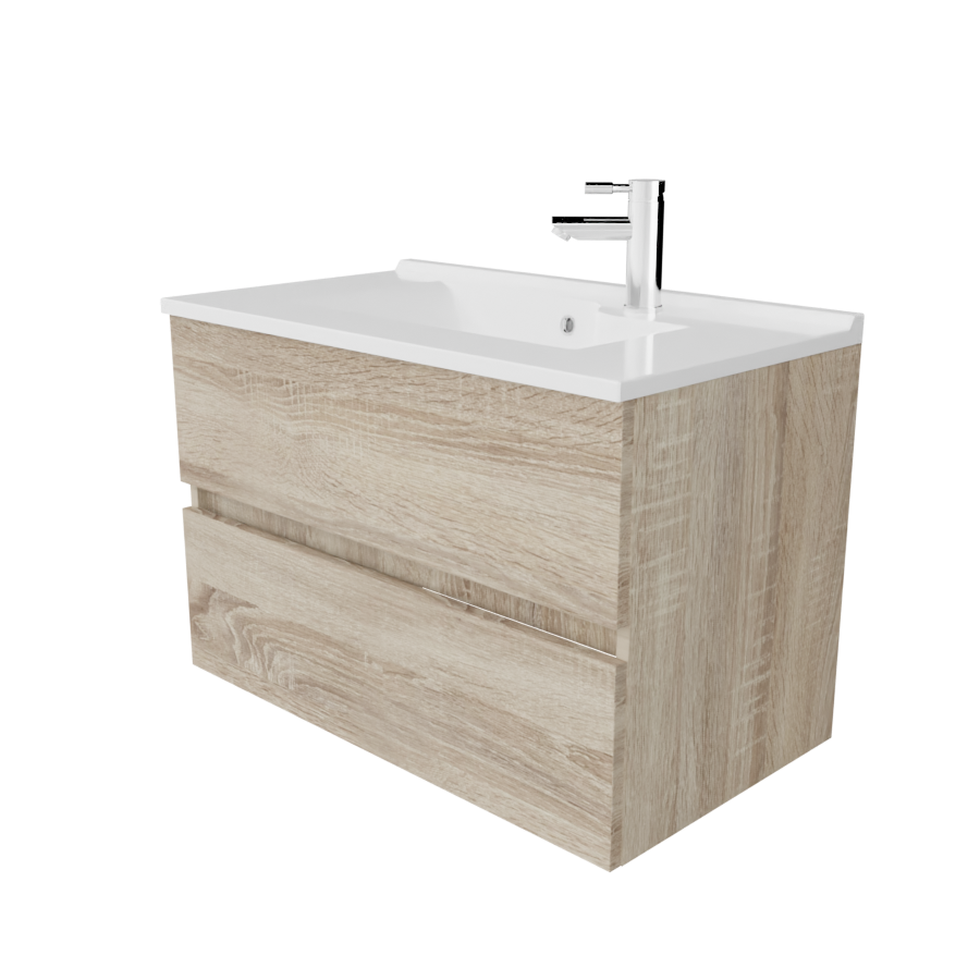 Meuble salle de bain ROSALY aspect bois Cambrian Oak avec plan simple vasque blanc vue de profil tiroirs fermés