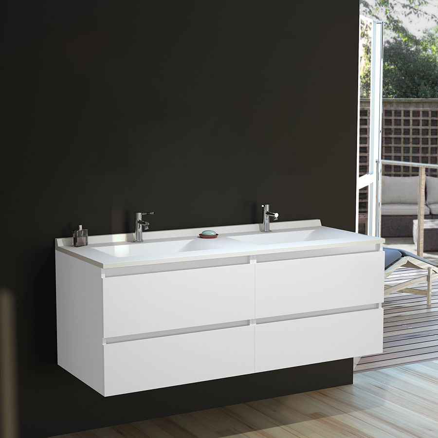 Meuble salle de bain 140 cm ARLEQUIN Blanc présenté avec plan double vasque pose suspendu