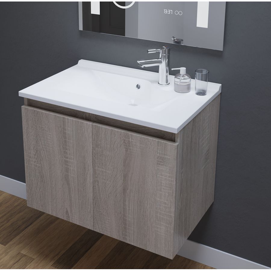 Meuble salle de bain 70 cm PROLINE aspect bois Cambrian Oak - pose suspendue avec plan vasque 