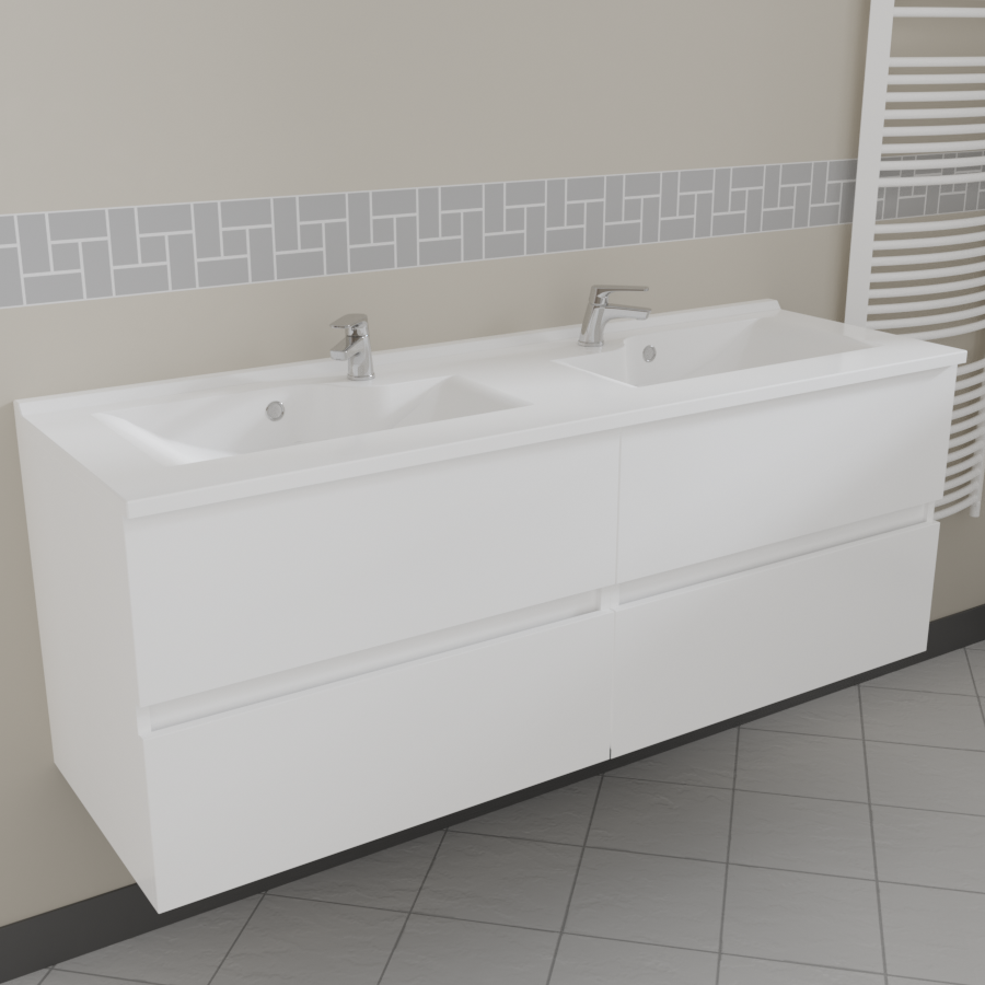 Meuble de salle de bain ROSALY 140 cm blanc brillant avec plan double vasque pose suspendue