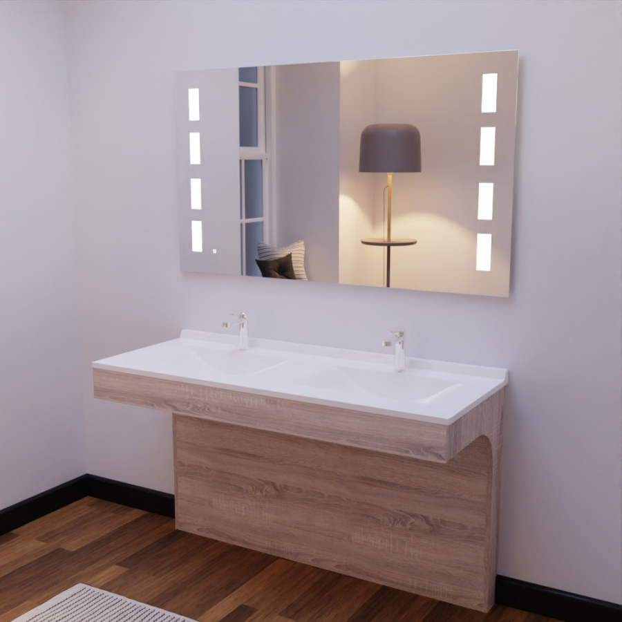 Ensemble meuble de salle de bain Altea PMR coloris bois 140 cm de largeur avec plan double vasque blanc en résine et miroir LED Prestige