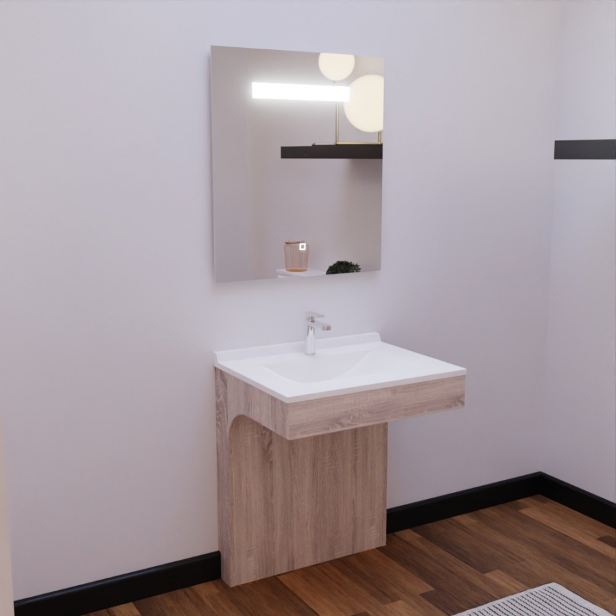 Ensemble meuble salle de bain PMR ALTEA 70 cm avec miroir LED Elégance monté et mise en situation