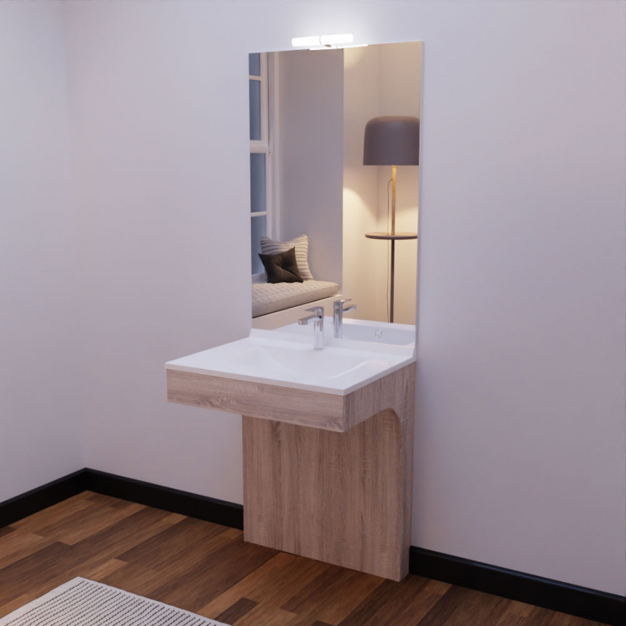 Ensemble meuble salle de bain PMR ALTEA 70 cm avec miroir avec applique LED monté et mise en situation