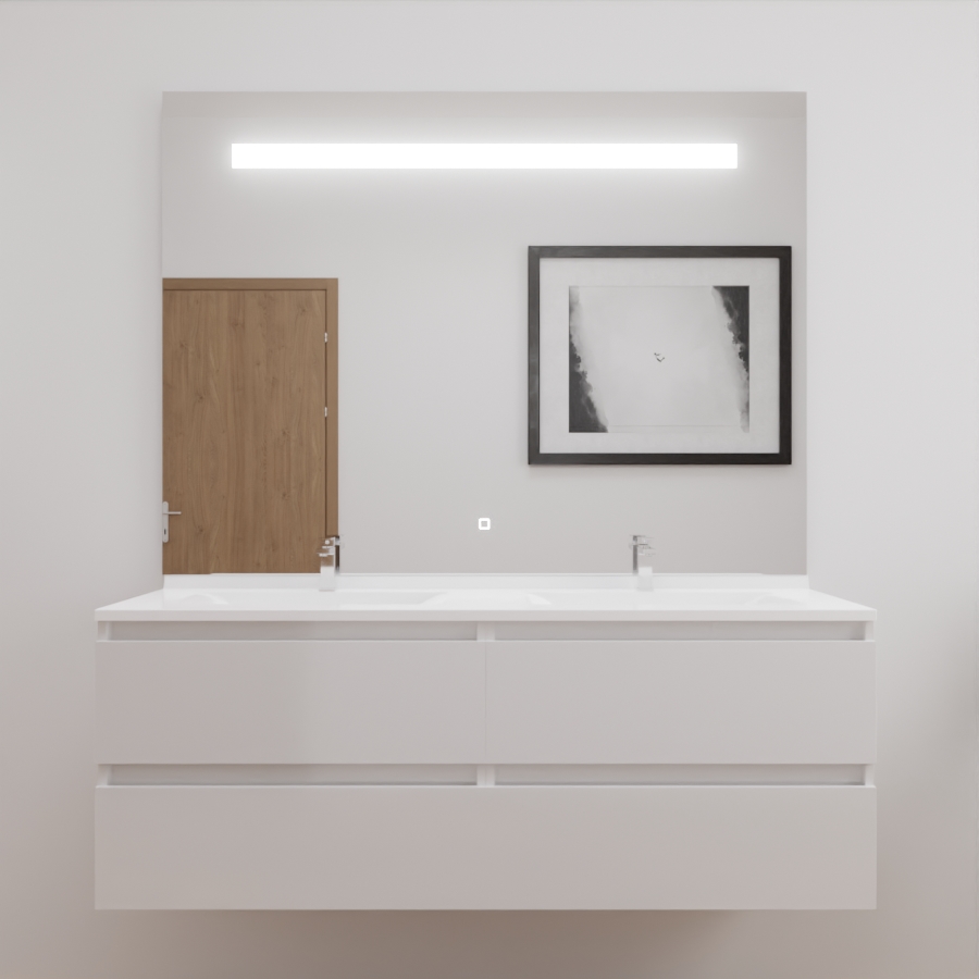 Ensemble meuble salle de bain double vasque 140 cm ARLEQUIN blanc et miroir LED Elegance grande hauteur
