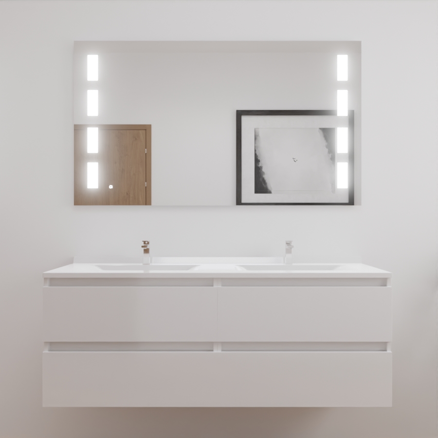 Ensemble meuble salle de bain double vasque 140 cm ARLEQUIN blanc et miroir LED Prestige