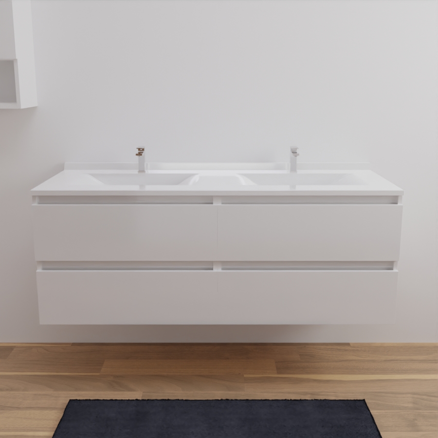 Ensemble meuble salle de bain ARLEQUIN coloris blanc avec plan double vasque blanc 140 cm x 55 cm 