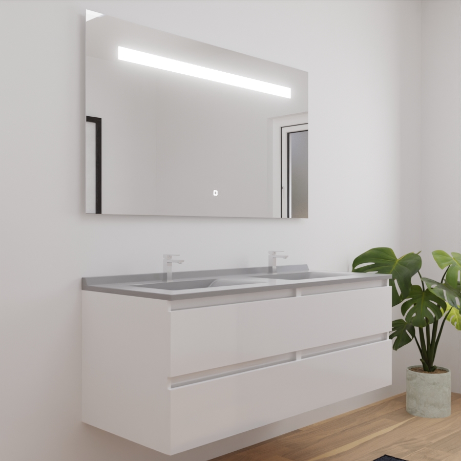 Ensemble meuble salle de bain double vasque 140 cm ARLEQUIN blanc plan vasque gris et miroir LED Elegance