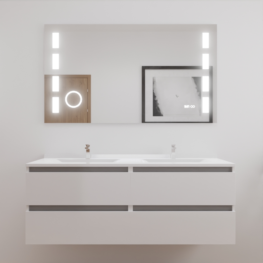 Ensemble meuble salle de bain double vasque 140 cm ARLEQUIN blanc avec traverses grises et miroir LED Excellence