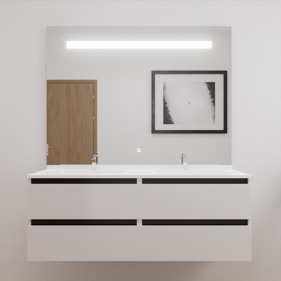 Ensemble meuble salle de bain double vasque 140 cm ARLEQUIN blanc avec traverses noires et miroir LED Elegance grande hauteur