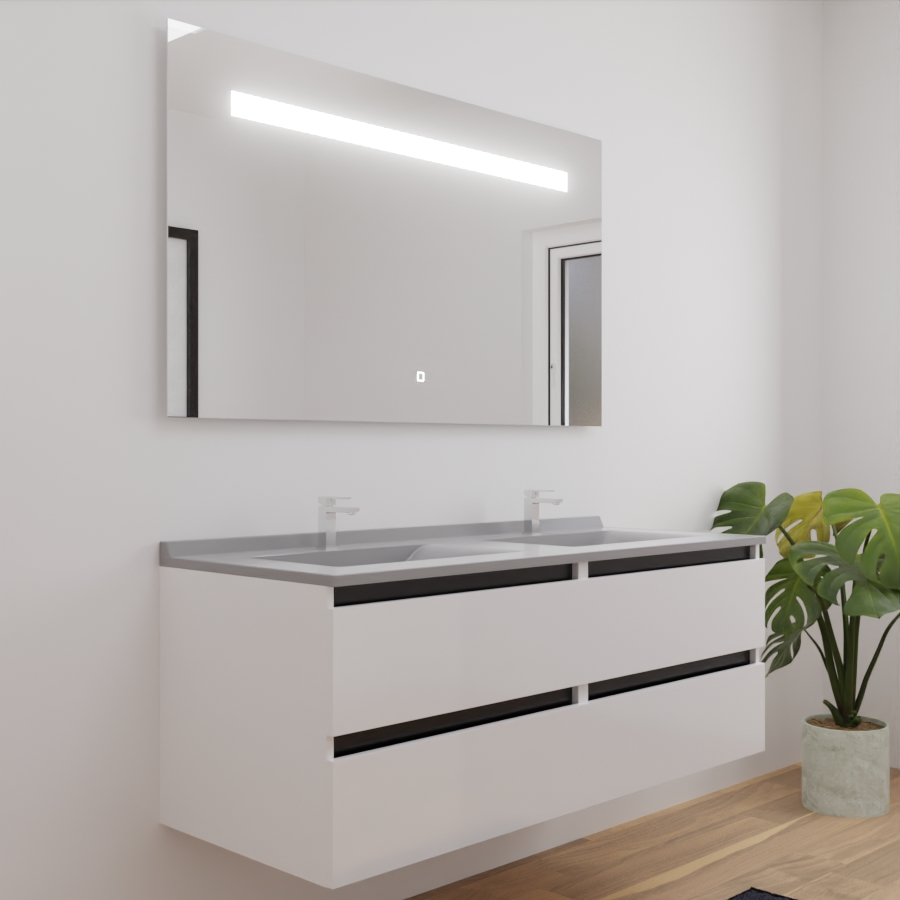 Ensemble meuble salle de bain double vasque 140 cm ARLEQUIN blanc avec traverses noires plan vasque gris et miroir LED Elegance
