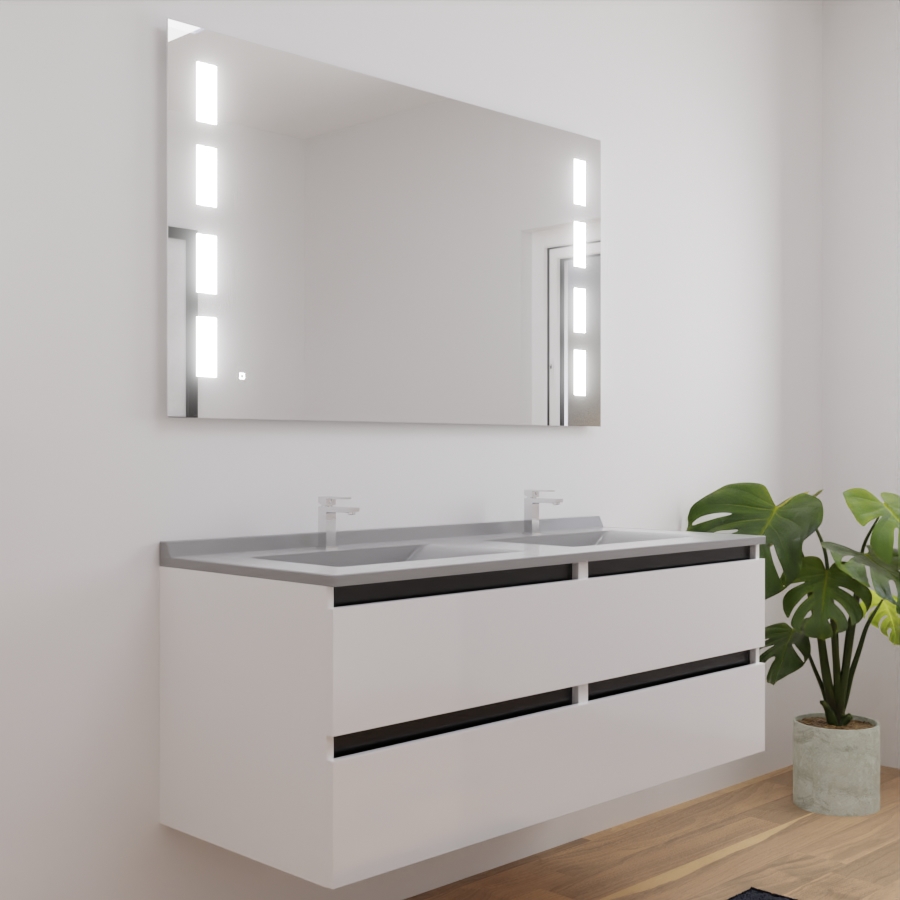 Ensemble meuble salle de bain double vasque 140 cm ARLEQUIN blanc avec traverses noires plan vasque gris et miroir LED Prestige