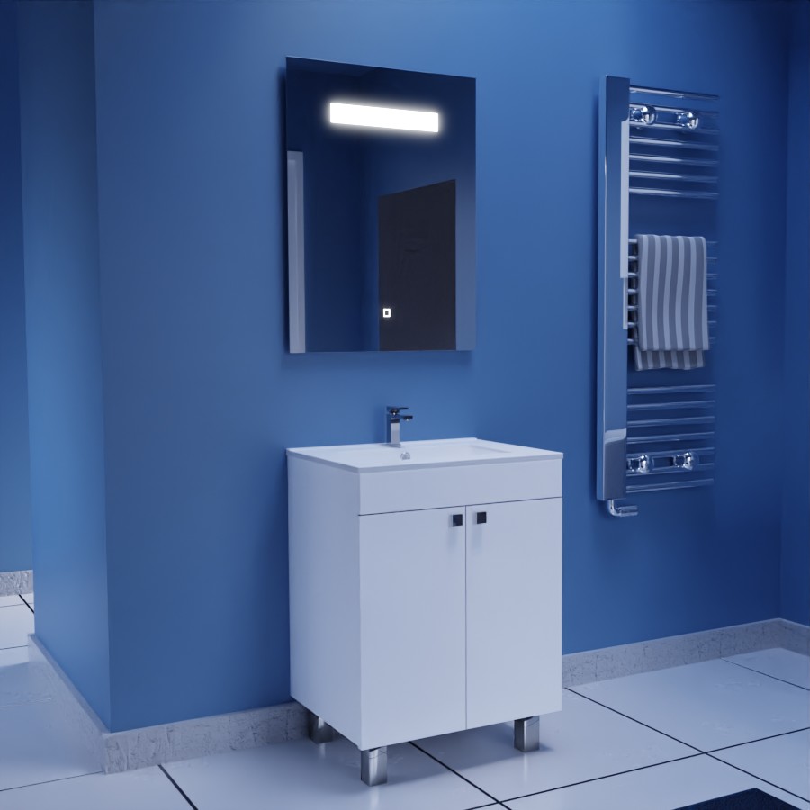 Ensemble meuble salle de bain ECOLINE 60 cm avec plan vasque en céramique et miroir elegance 60 x 80 cm