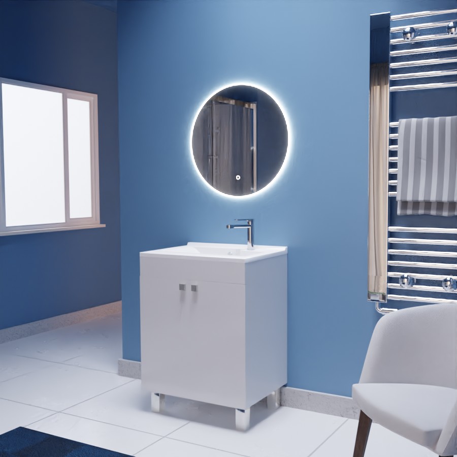Ensemble meuble salle de bain ECOLINE 60 cm avec plan vasque en résine et miroir LED rond 60 cm Onde