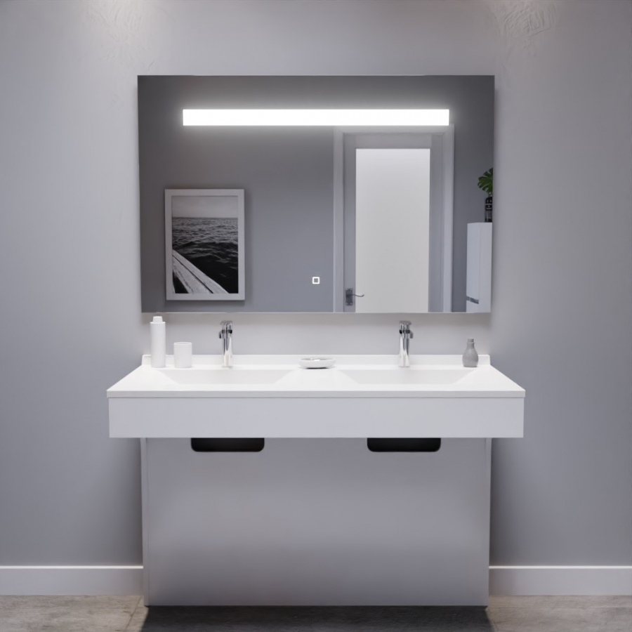 Ensemble meuble double vasque 120 cm ECOLINE PMR avec plan vasque en résine et miroir LED Elégance 120 cm x 80 cm