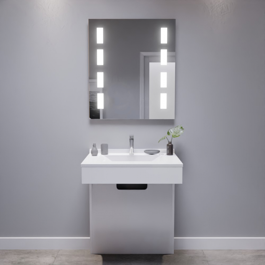 Ensemble de salle de bain avec meuble adapté PMR collection EPURE blanc brillant 70 cm de largeur plan vasque blanc et miroir LED collection Prestige