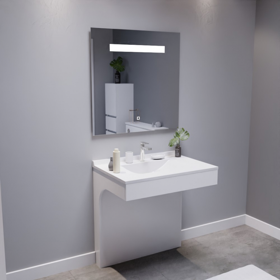 Ensemble de salle de bain avec meuble adapté PMR collection EPURE blanc brillant 80 cm de largeur plan simple vasque blanc et miroir LED collection Elégance
