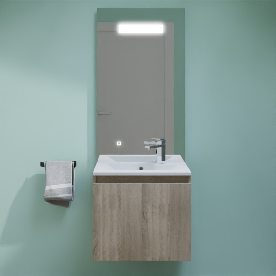 Ensemble meuble salle de bain Proline 60 cm avec plan simple vasque en résine et miroir LED élégance 60 cm x 105 cm