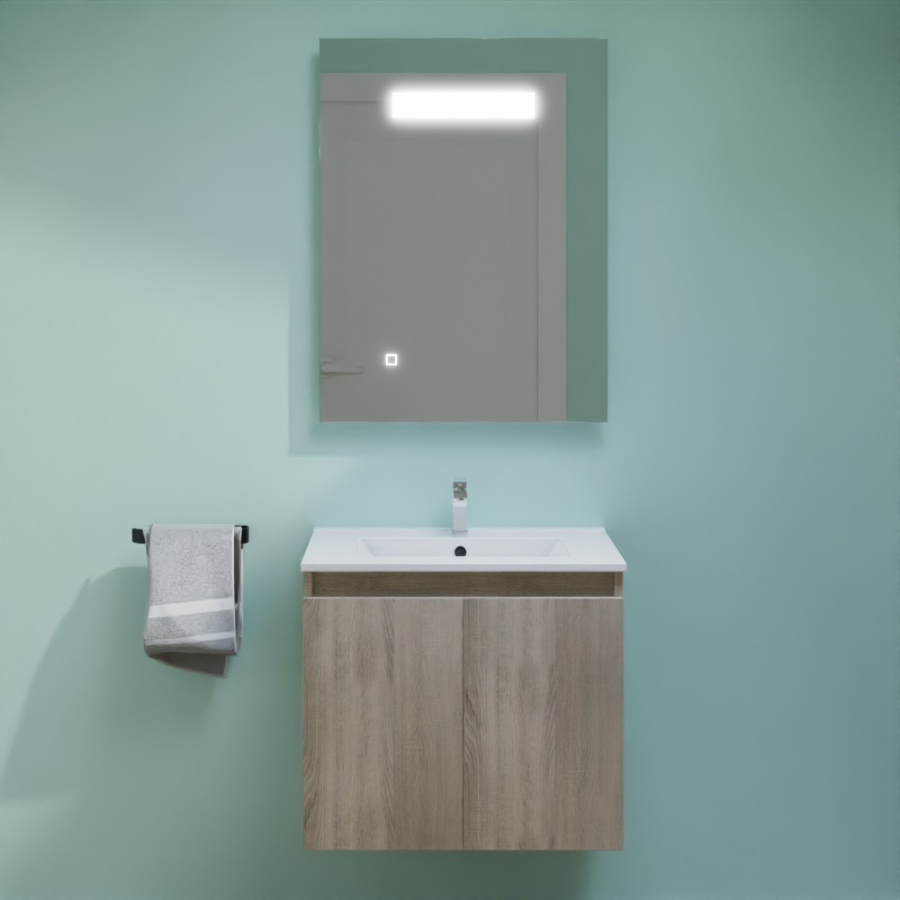 Ensemble meuble salle de bain Proline 60 cm avec plan simple vasque en céramique et miroir LED élégance 60 cm x 80 cm