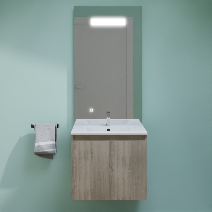 Ensemble meuble salle de bain Proline 60 cm avec plan simple vasque en céramique et miroir LED élégance 60 cm x 105 cm