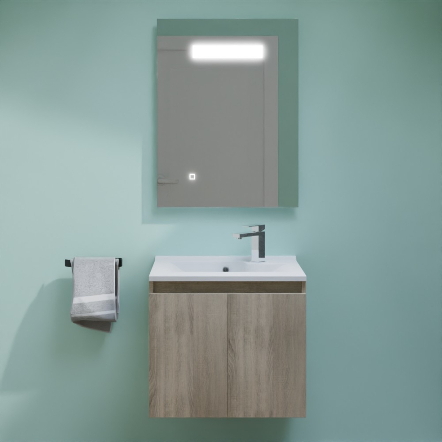 Ensemble meuble salle de bain Proline 60 cm avec plan simple vasque en resine et miroir LED élégance 60 cm x 80 cm