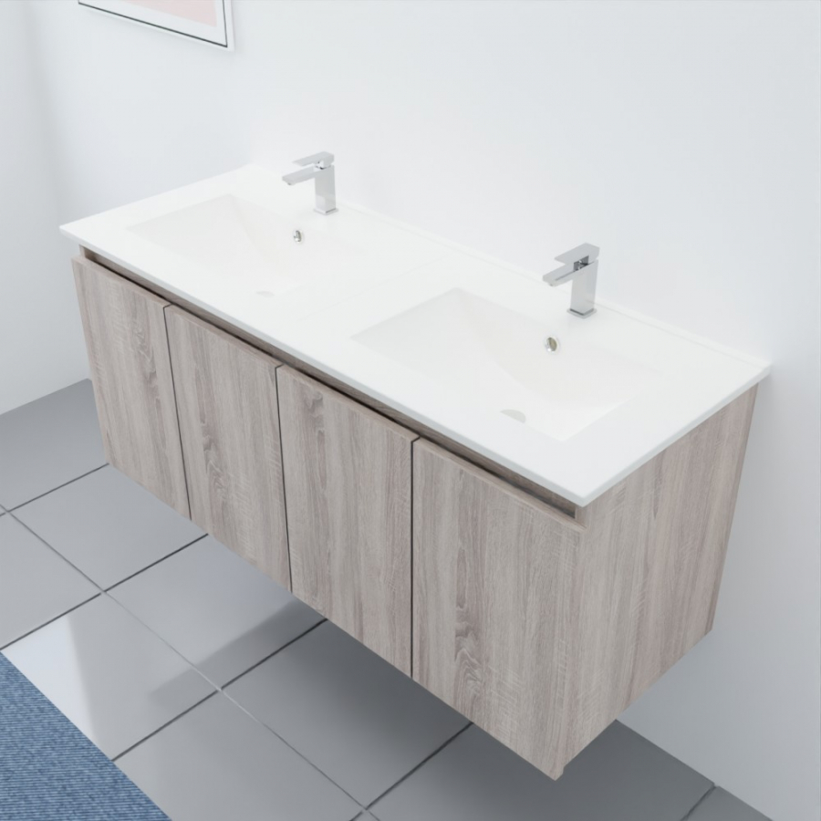 Ensemble meuble salle de bain 120 cm PROLINE coloris bois avec plan double vasque en céramique vue dessus
