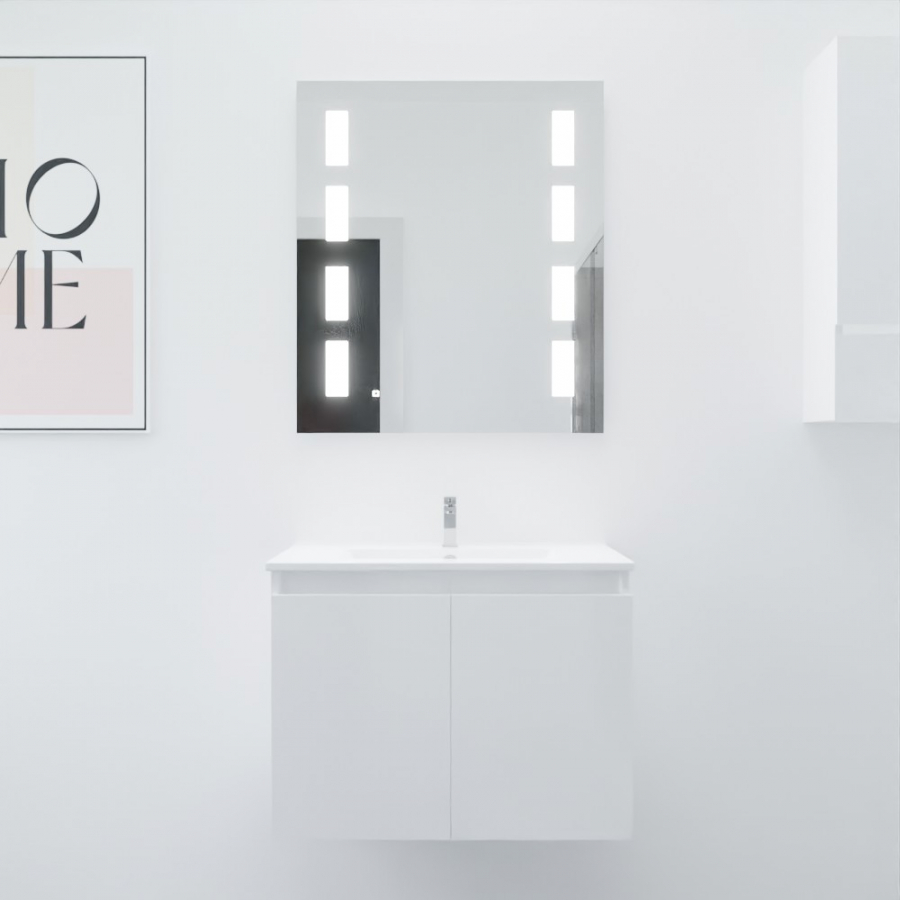 Ensemble salle de bain Proline 70 cm avec meuble blanc plan vasque 70 cm x 46 cm en céramique et miroir rétroéclairé prestige