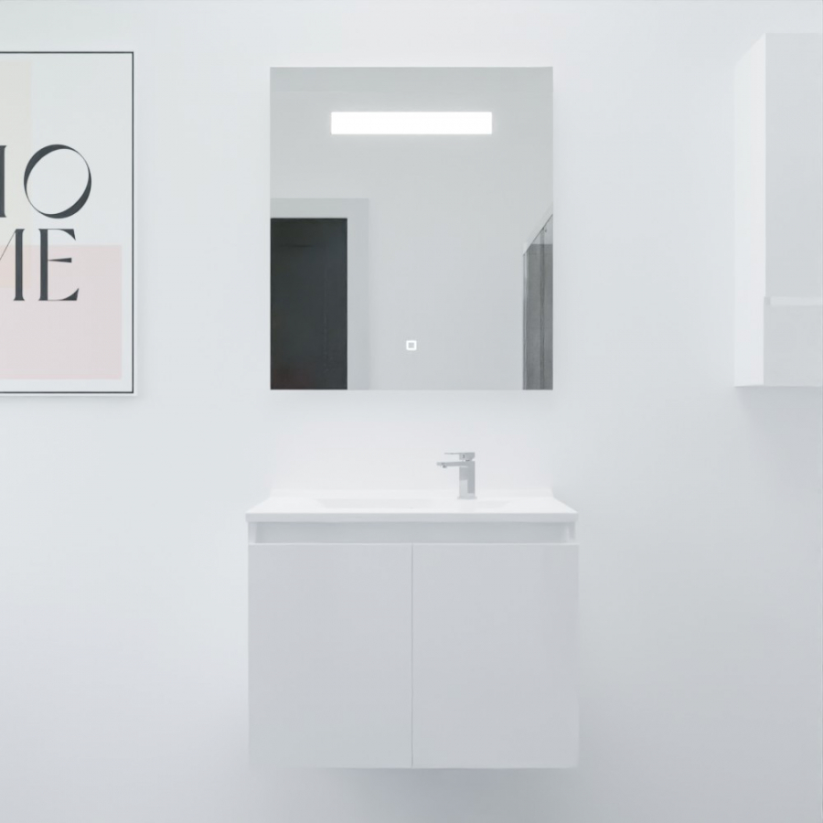 Ensemble salle de bain Proline 70 cm avec meuble blanc plan vasque 70 cm x 46 cm en résine et miroir avec bandeau LED intégré élegance 