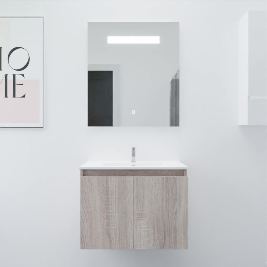Ensemble salle de bain Proline 70 cm avec meuble coloris bois plan vasque 70 cm x 46 cm en céramique et miroir avec bandeau LED intégré élegance 