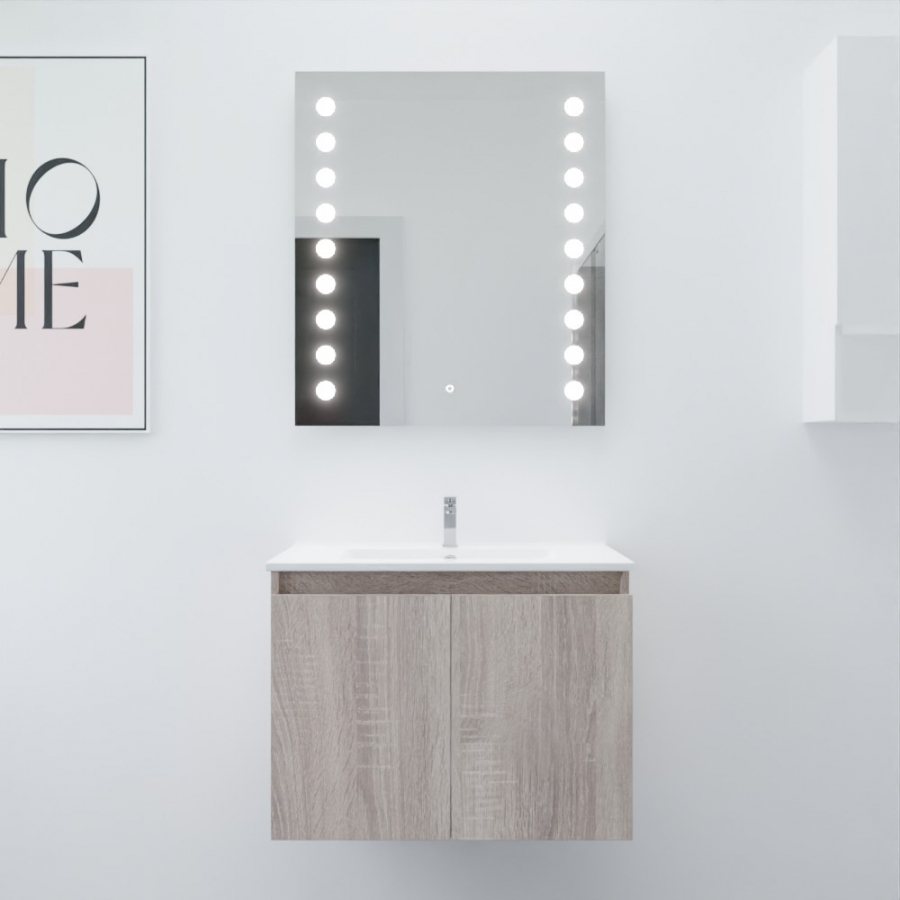 Ensemble salle de bain Proline 70 cm avec meuble coloris bois plan vasque 70 cm x 46 cm en céramique et miroir rétroéclairé Starled
