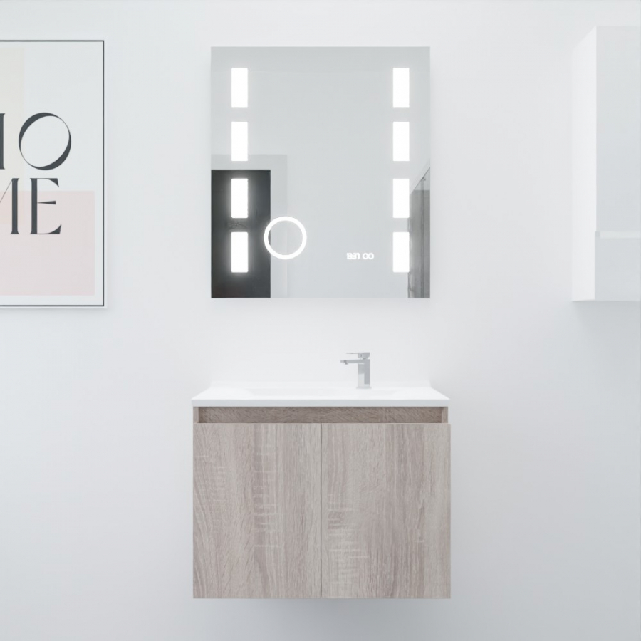 Ensemble salle de bain Proline 70 cm avec meuble coloris bois plan vasque 70 cm x 46 cm en resine et miroir rétroéclairé Excellence
