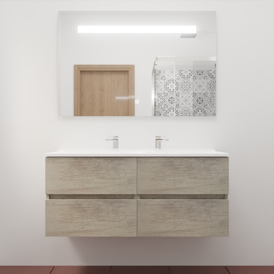 Ensemble meuble salle de bain 120 cm x 46 cm ROSINOX avec meuble à tiroir coloris chene, plan double vasque en résine et miroir LED élégance 120 cm x 80 cm de hauteur