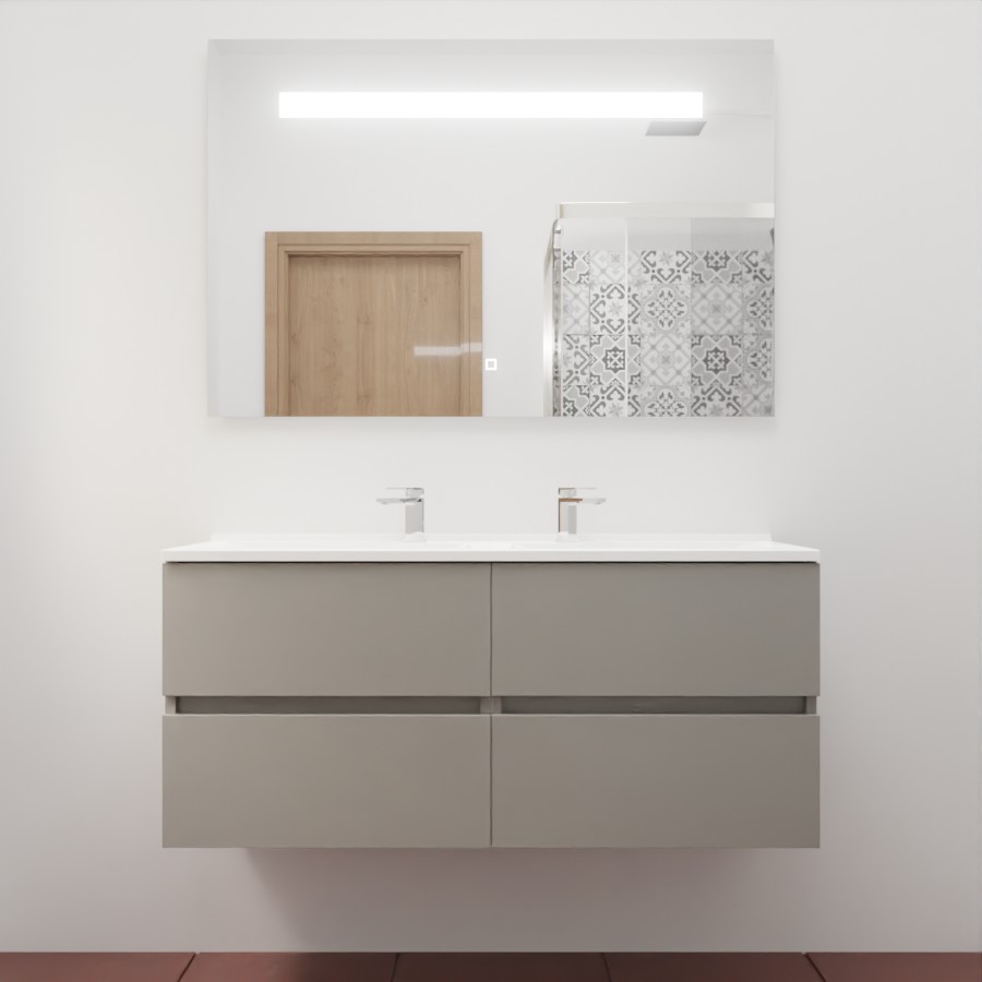 Ensemble meuble salle de bain 120 cm x 46 cm ROSINOX avec meuble à tiroir coloris gris clair mat, plan double vasque en résine et miroir LED élégance 120 cm x 80 cm de hauteur