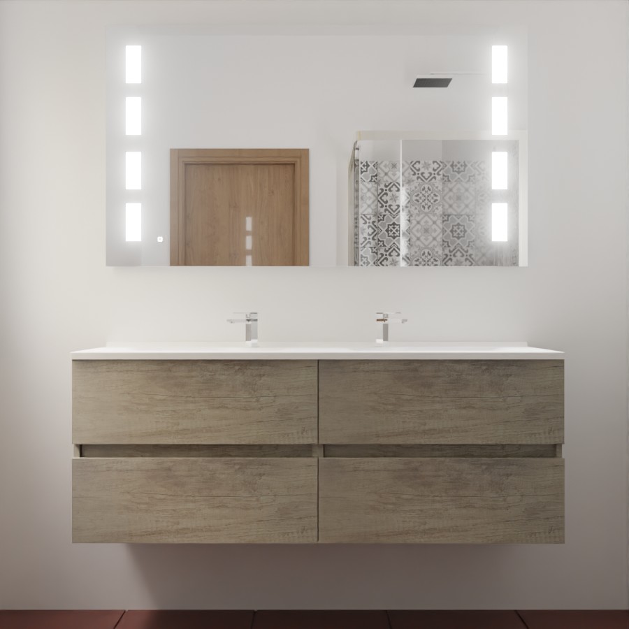 Ensemble meuble salle de bain 140 cm x 46 cm ROSINOX avec meuble à tiroir coloris chene, plan double vasque en résine et miroir LED prestige 140 cm x 80 cm de hauteur
