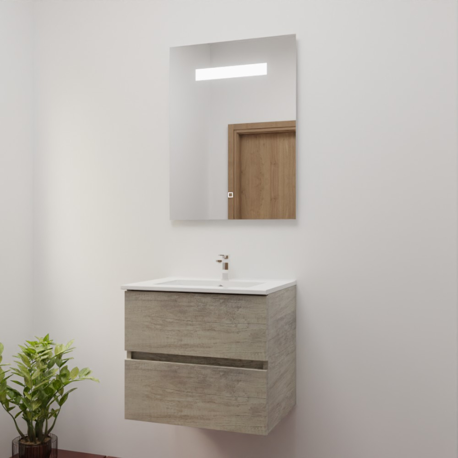 Ensemble salle de bain ROSINOX avec meuble 60 cm bois, plan vasque en céramique et miroir LED élégance 60 cm x 80 cm de hauteur