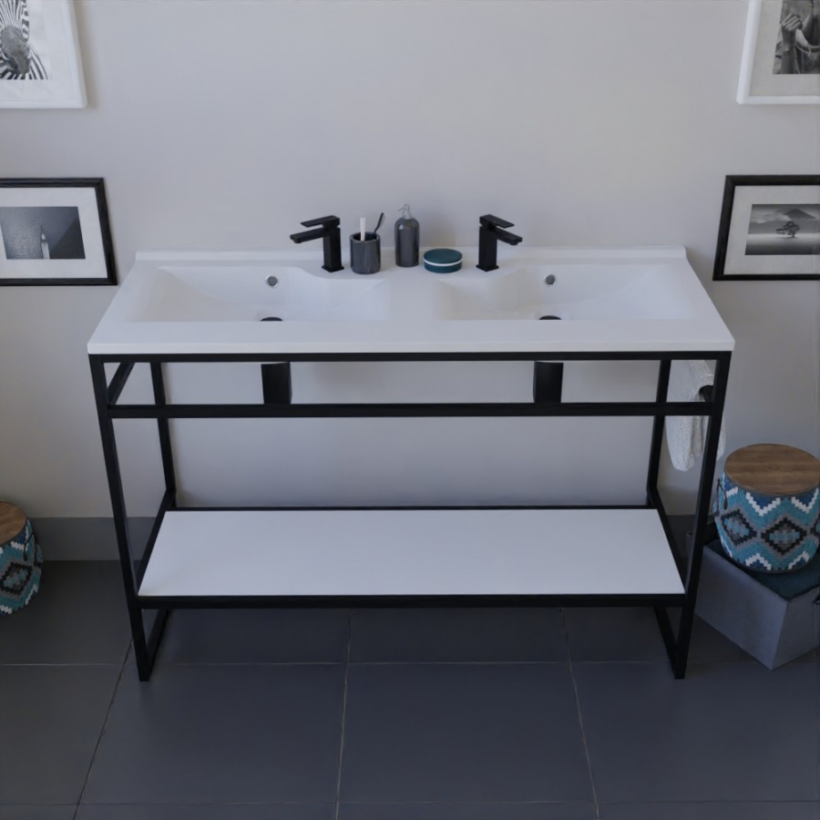 Ensemble STRUCTURA meuble salle de bain 120 cm ouvert en métal noir, étagère de rangement blanche et plan double vasque en résine